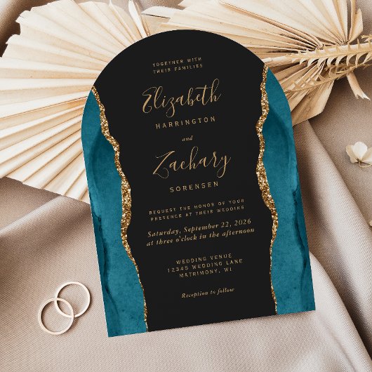 Invitation Moderne Turquoise Or Agate Dark Arch Mariage