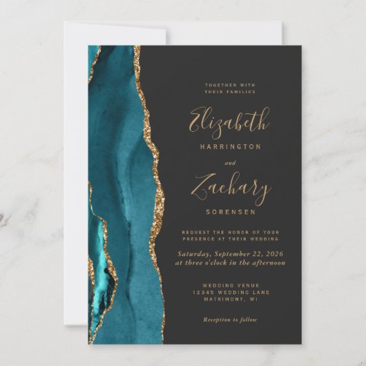 Invitation Moderne Turquoise Or Agate Dark QR Code Mariage (Devant)