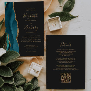 Invitation Moderne Turquoise Or Agate Dark QR Code Mariage