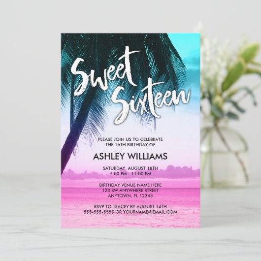 Invitation Moderne Turquoise rose Tropical Luau Sweet 16 Invi (Debout devant)