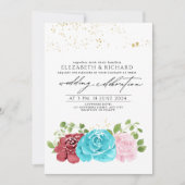 Invitation Moderne Turquoise Rouge Floral Mariage (Devant)