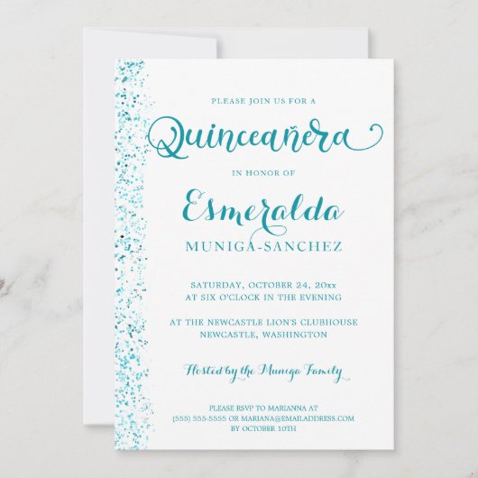 Invitation Moderne Turquoise Turquoise Silver Sparkle Quincea (Devant)
