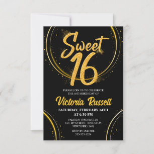 Invitation Moderne typographie à paillettes noires et dorées 