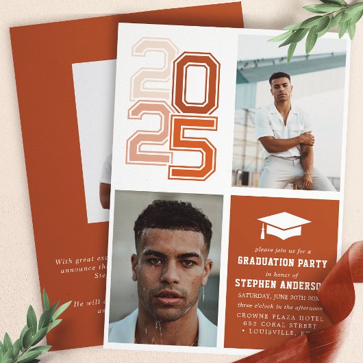 Invitation Moderne Varsity Terracotta Photo Graduation Party 