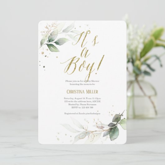 Invitation Moderne, Verdure, Aquarelle, Bébé Garçon Douche (Debout devant)