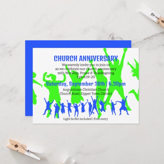 Invitation Moderne Vert Bleu ANNIVERSAIRE DE L'ÉGLISE (Devant/Arrière en situation)