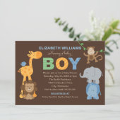 Invitation Moderne Vert Brown Jungle Animaux Baby shower Garç (Debout devant)