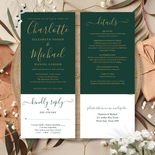 Invitation Moderne Vert Émeraude Élégant Script Or