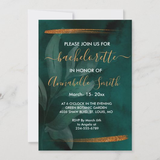 Invitation moderne vert émeraude et feuille célibataire (Devant)