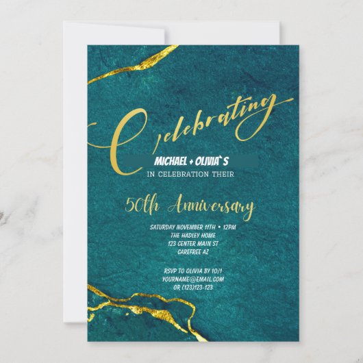 Invitation Moderne Vert et Or pour le 50e Annivers (Devant)