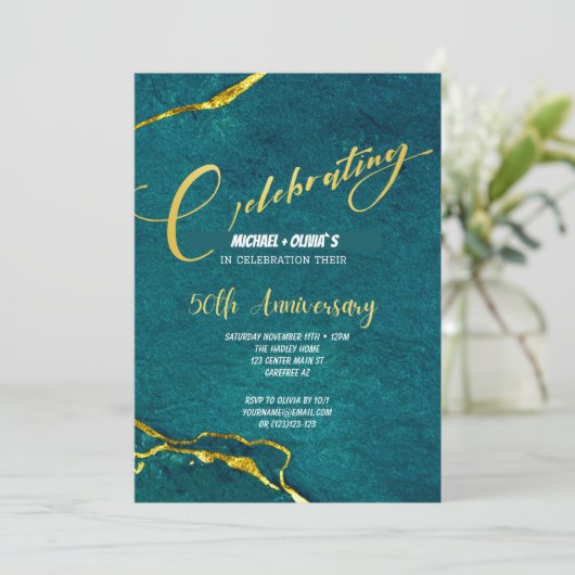 Invitation Moderne Vert et Or pour le 50e Annivers (Debout devant)