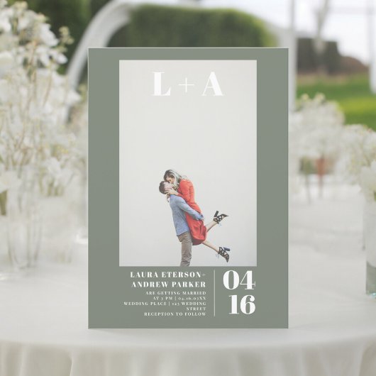 Invitation Moderne vert olive simples initiales photo mariage