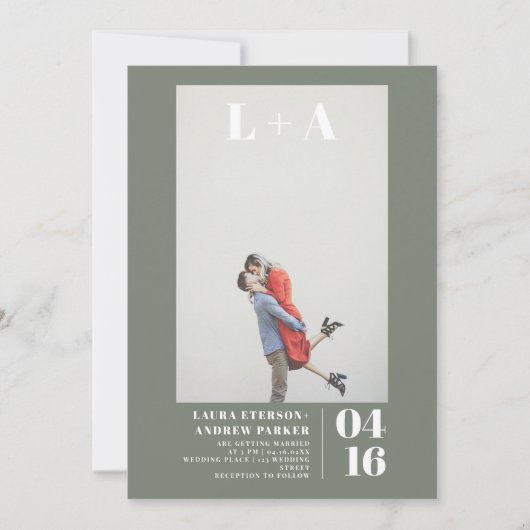 Invitation Moderne vert olive simples initiales photo mariage (Devant)