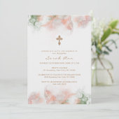 Invitation Moderne vert rose Boho Agate Gold Cross Baptême (Debout devant)
