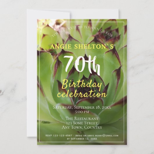 Invitation Moderne Vert Succulent 70e fête d'anniversaire (Devant)