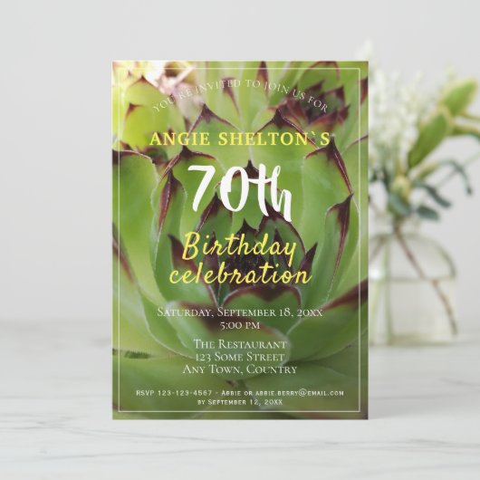 Invitation Moderne Vert Succulent 70e fête d'anniversaire (Debout devant)