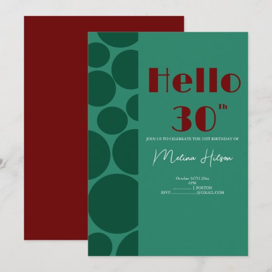 Invitation moderne verte et bordeaux pour annivers (Devant / Derrière)