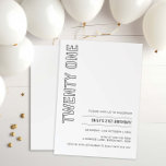 Invitation Moderne Vingt et un 21e anniversaire de fête Invit<br><div class="desc">Cette invitation minimaliste à la fête du 21ème anniversaire de typographie est parfaite pour une fête d'anniversaire moderne. Le design simple est composé d'une typographie minimaliste classique en noir et blanc et d'une touche moderne. Personnalisable dans n'importe quelle couleur. Gardez le design minimal et élégant, en l'état, ou personnalisez-le en...</div>