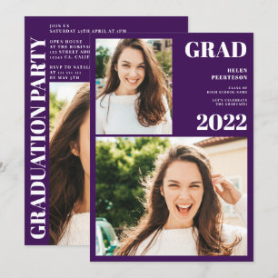 Invitation Moderne violet blanc 3 photos graduation