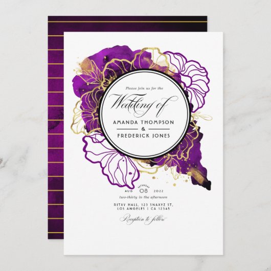 Invitation Moderne violet et or Abstrait Floral Mariage Inv (Devant / Derrière)
