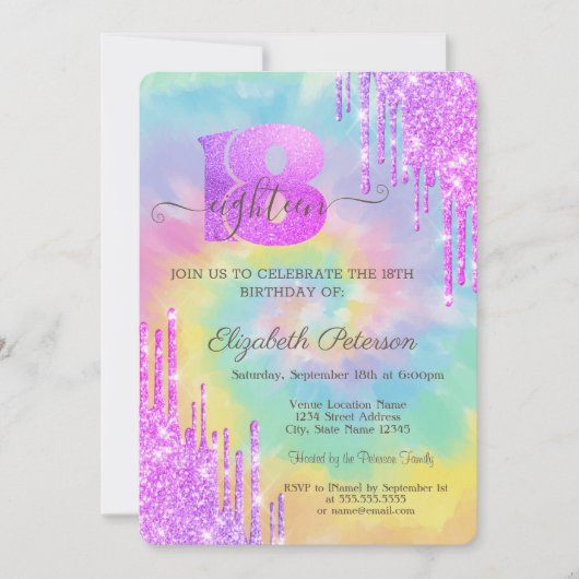 Invitation Moderne Violet Glitter Cool Drips Tie Dye 18ème (Devant)
