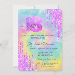 Invitation Moderne Violet Glitter Cool Drips Tie Dye 18ème 