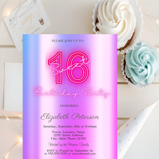 Invitation Moderne Violet Neon Sweet 16