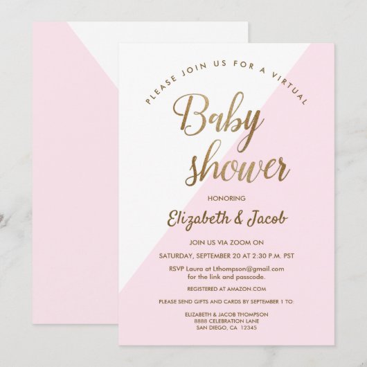 Invitation Moderne Virtual Chic Baby shower Rose Baby Girl (Devant / Derrière)