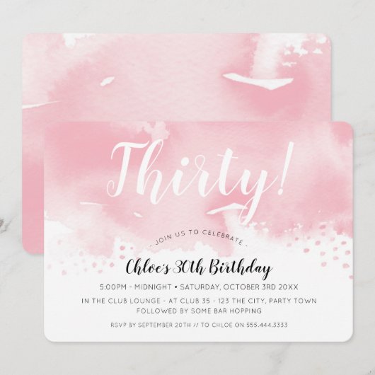 Invitation MODERNE WATERCOLOR 30e fête d'anniversaire élégant (Devant / Derrière)