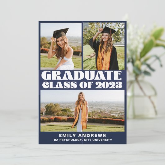 Invitation Moderne White & Blue 3 Photo Grad Party (Debout devant)