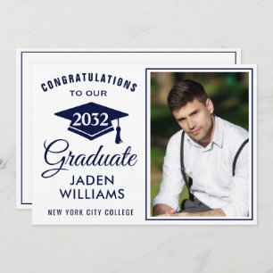 Invitation Moderne White Navy Blue PHOTO Graduation