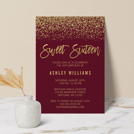 Invitation Modernes Burgund Faux Gold Glitter Sweet 16
