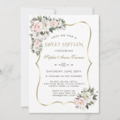 Invitation Modernes Cadre Doré Fleurs Blanches Roses Sweet 16 (Devant)