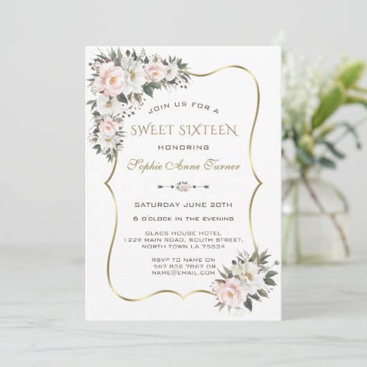 Invitation Modernes Cadre Doré Fleurs Blanches Roses Sweet 16 (Debout devant)