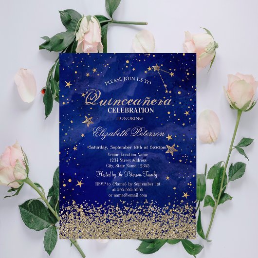 Invitation Modernes Faux Gold Diamonds Etoiles Blue Quinceañe