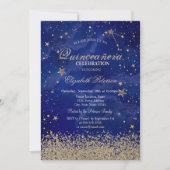 Invitation Modernes Faux Gold Diamonds Etoiles Blue Quinceañe (Devant)