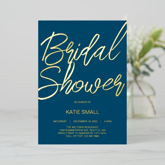 Invitation modifiable avec feuille d'or Navy (Debout devant)