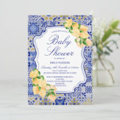 Invitation modifiable carreaux bleus citrons (Debout devant)