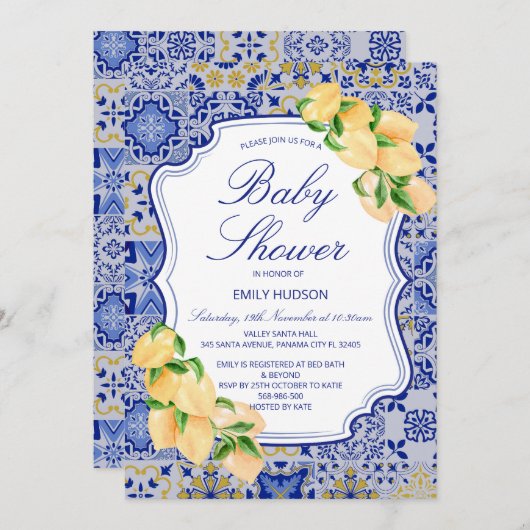 Invitation modifiable carrelage bleu citrons (Devant / Derrière)