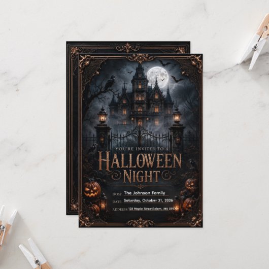 Invitation modifiable de nuit d'Halloween gothique (Devant/Arrière en situation)