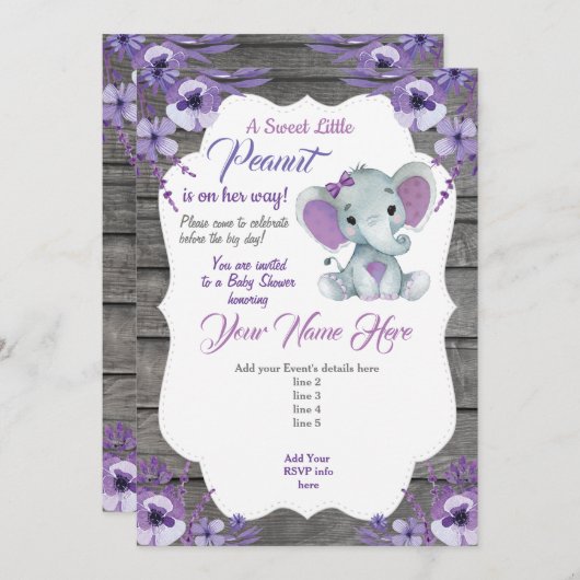 Invitation modifiable Éléphant Rustique Violet (Devant / Derrière)