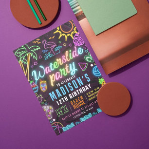 Invitation modifiable pour fête néon au toboggan a