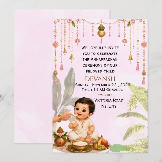 Invitation modifiable pour la cérémonie du riz ind (Devant / Derrière)