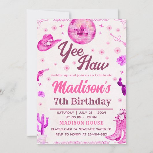 Invitation modifiable pour soirée disco cowgirl (Devant)