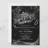 Invitation Modifiable pour soirée masquée noire et argentée (Devant)