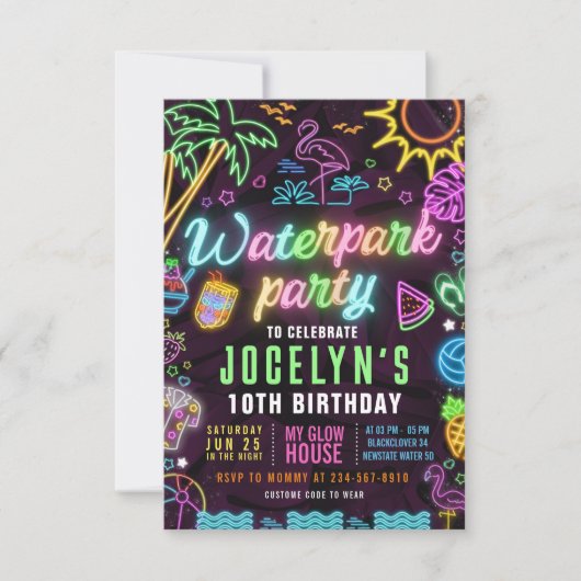 Invitation modifiable pour soirée néon au parc aqu (Devant)