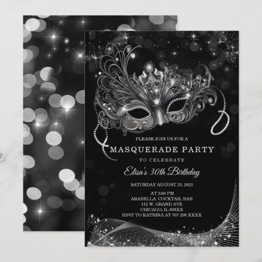 Invitation Modifiable pour une soirée masquée noire et argent (Devant / Derrière)