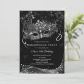 Invitation Modifiable pour une soirée Masquerade Noir et Arge (Debout devant)