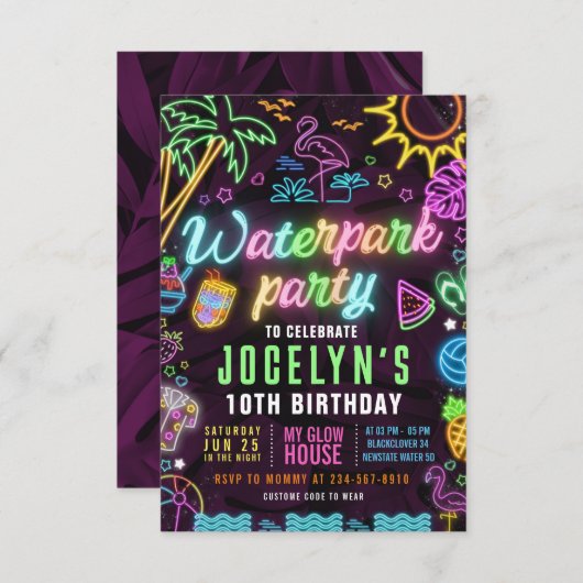 Invitation modifiable pour une soirée néon au parc (Devant / Derrière)