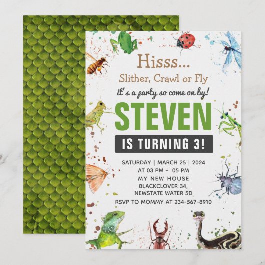 Invitation modifiable Reptile et insecte (Devant / Derrière)